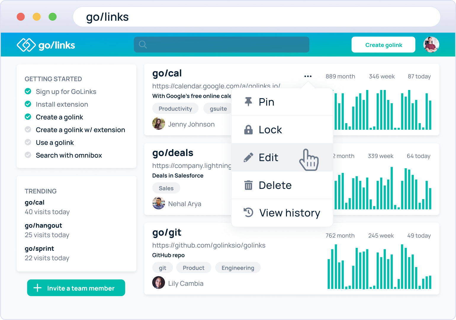 GoLink dashboard showing users how to edit Go Links®